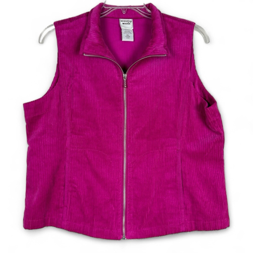 Scandia Woods Magenta Pink Corduroy Full Zip Vest Mock Neck Cotton Womens Med